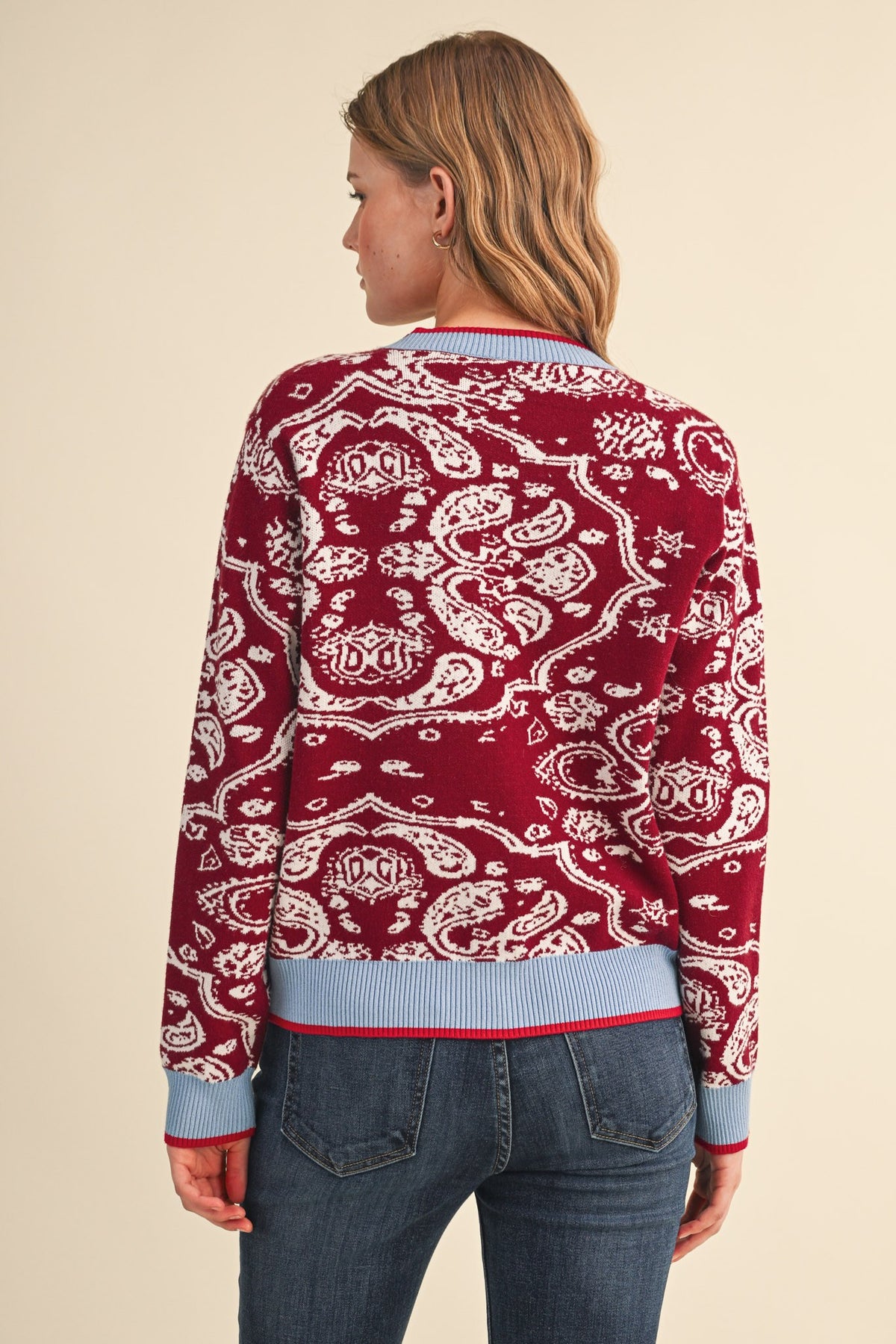 Vivian Paisley Knit Contrast Button Down Sweater Cardigan