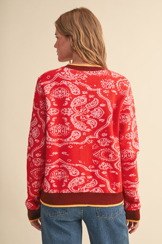 Vivian Paisley Knit Contrast Button Down Sweater Cardigan
