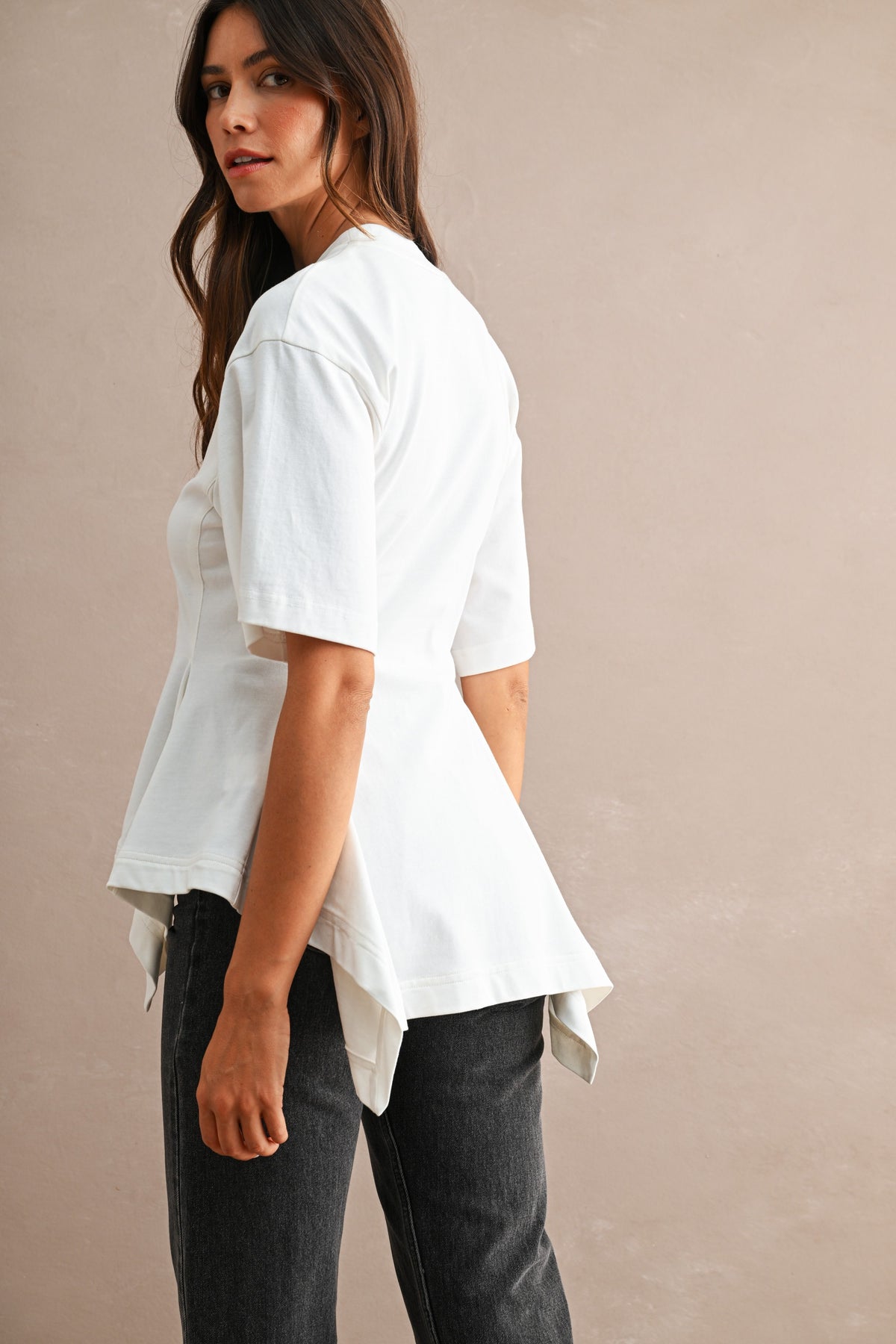 Aurora Cotton Short Sleeve Crew Neck Fitted Waist Peplum Top