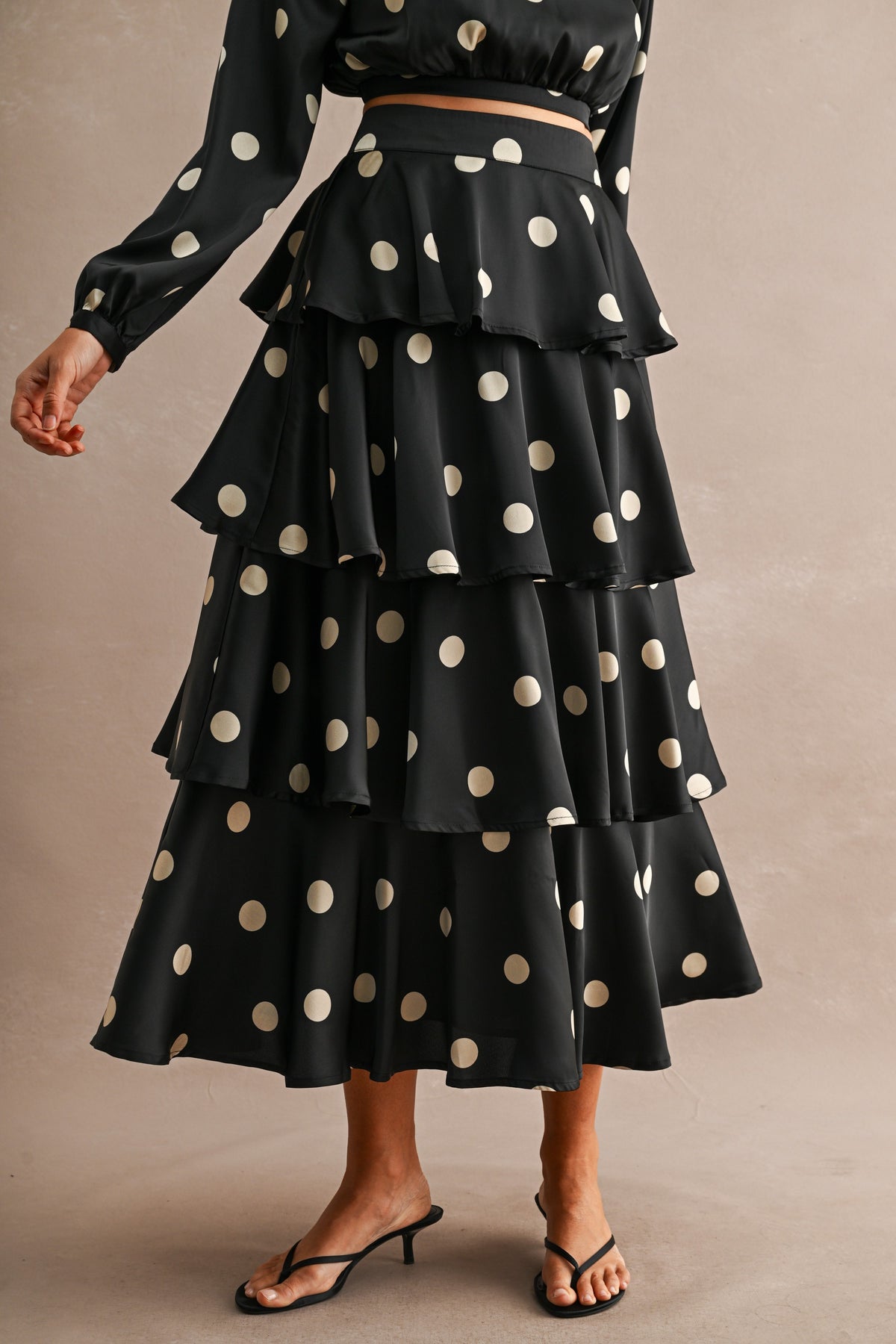 Ava Polka Dot Open Back Top And Tiered Skirt Set