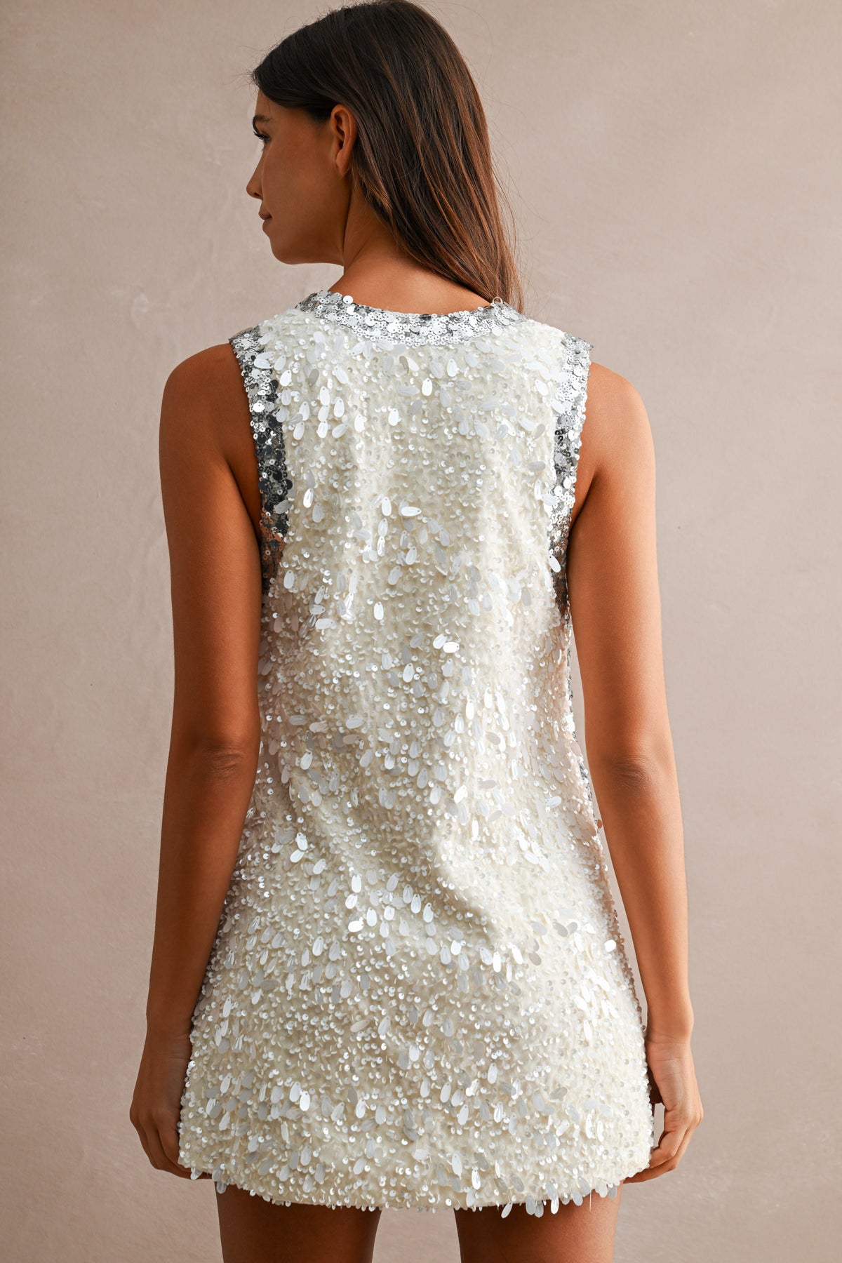 Claire Sequin Plunging V Neck Contrast Sequin Trim Sleeveless Dress