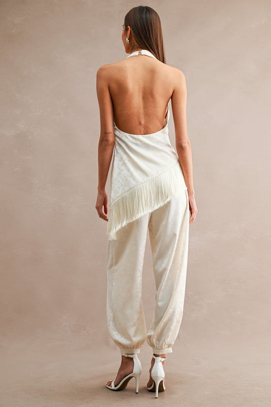 Amelia Jacquard Satin Asymmetric Fringe Trim Top And Jogger Pants