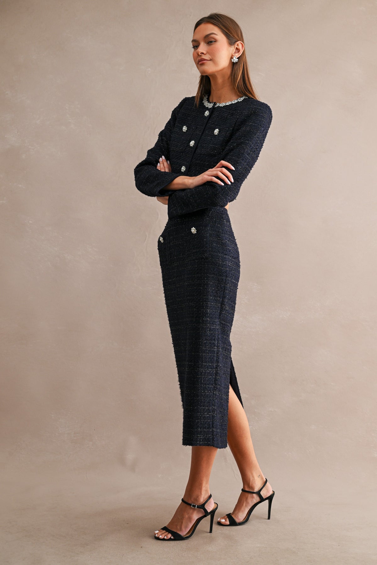 Iris Boucle Tweed Embellished Cropped Jacket And Midi Skirt Set