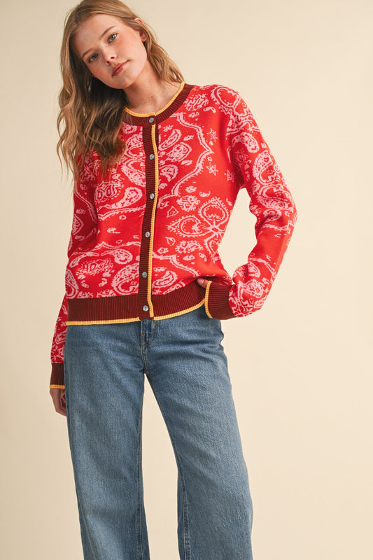 Vivian Paisley Knit Contrast Button Down Sweater Cardigan