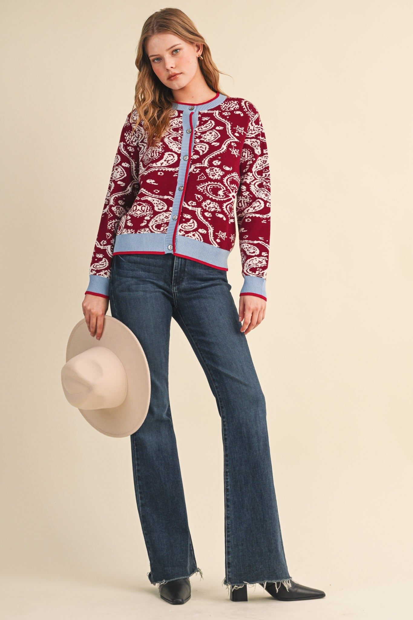 Vivian Paisley Knit Contrast Button Down Sweater Cardigan