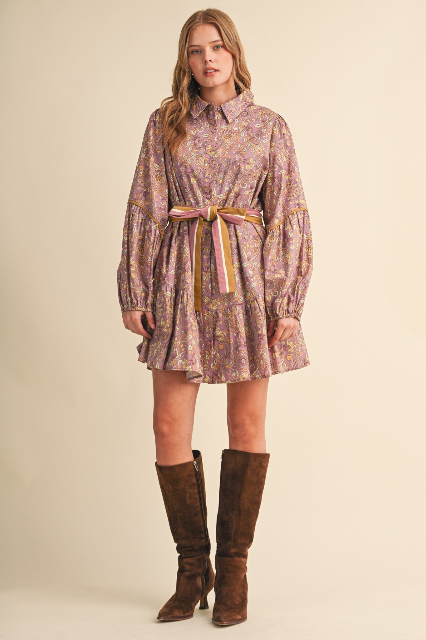 Judia Floral Paisley Button Down Belted Mini Dress