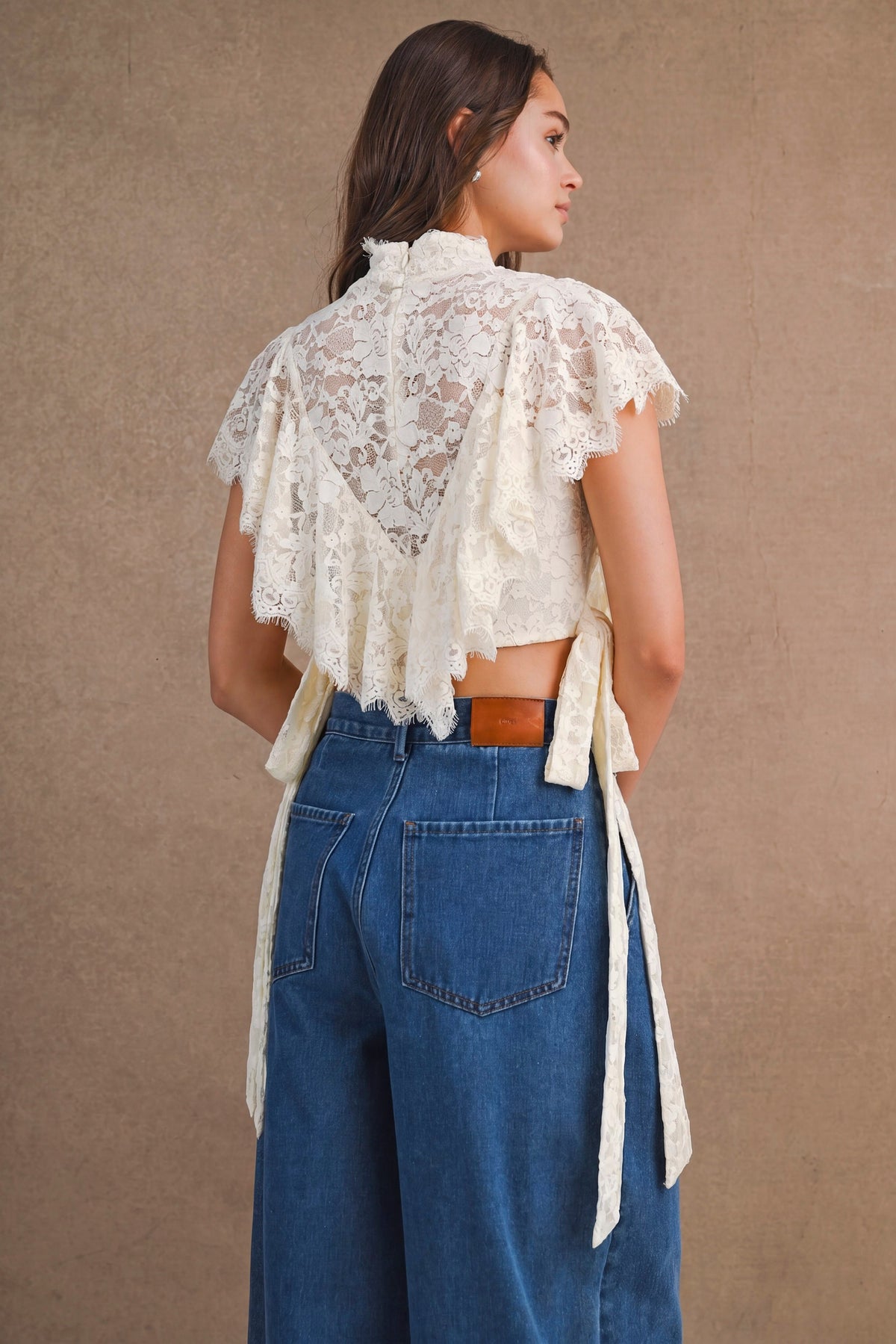 Zoya Sheer Floral Lace Mock Neck Layered Ruffles Cropped Blouse