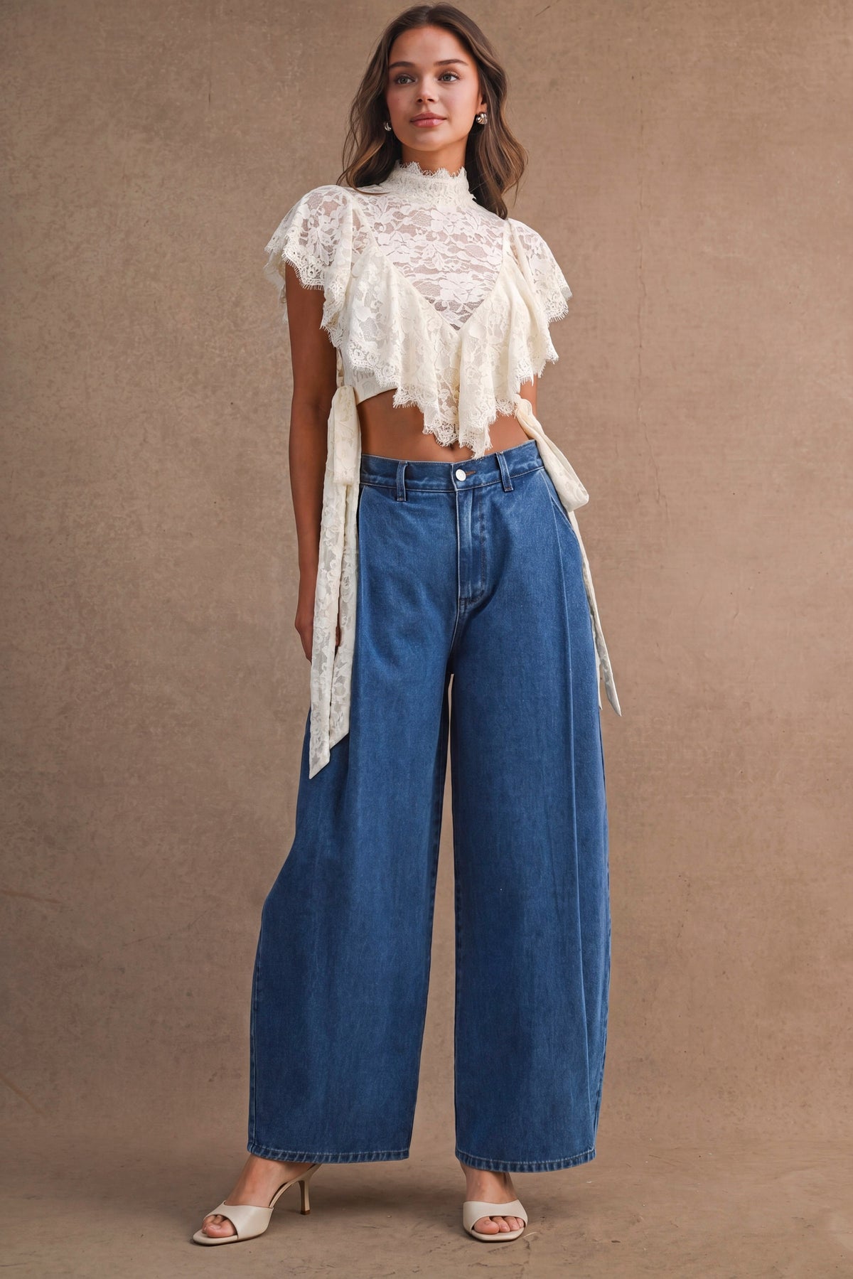 Zoya Sheer Floral Lace Mock Neck Layered Ruffles Cropped Blouse
