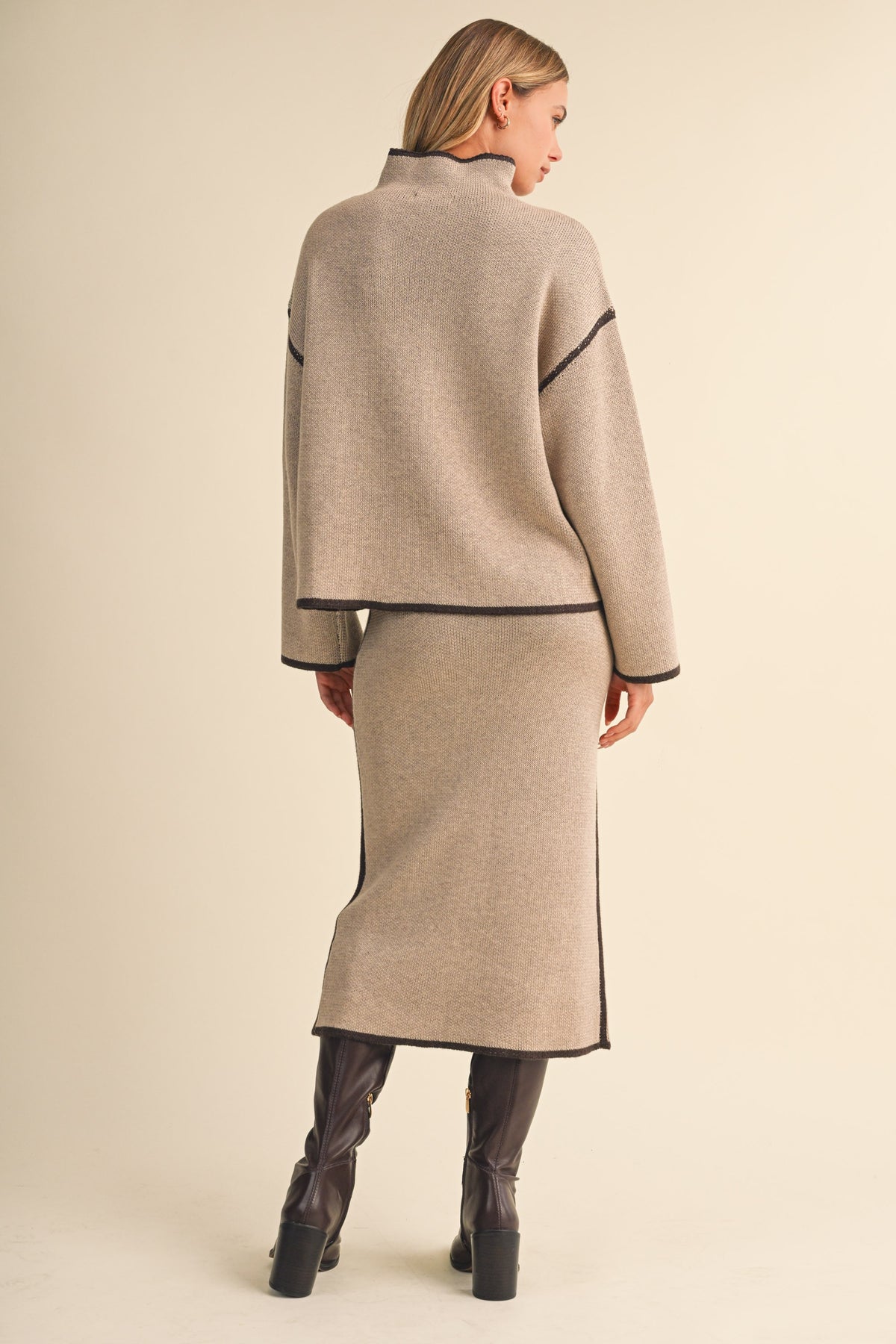 Daphne High Neck Long sleeve Knit Sweater With Midi Skirt Set