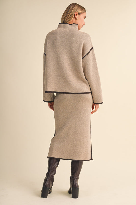 Daphne High Neck Long sleeve Knit Sweater With Midi Skirt Set