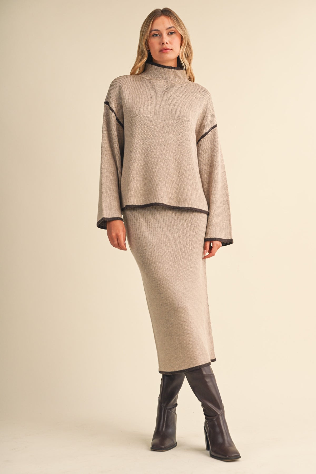 Daphne High Neck Long sleeve Knit Sweater With Midi Skirt Set