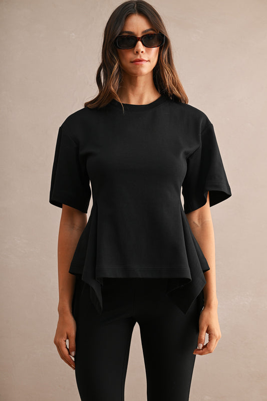 Aurora Cotton Short Sleeve Crew Neck Fitted Waist Peplum Top