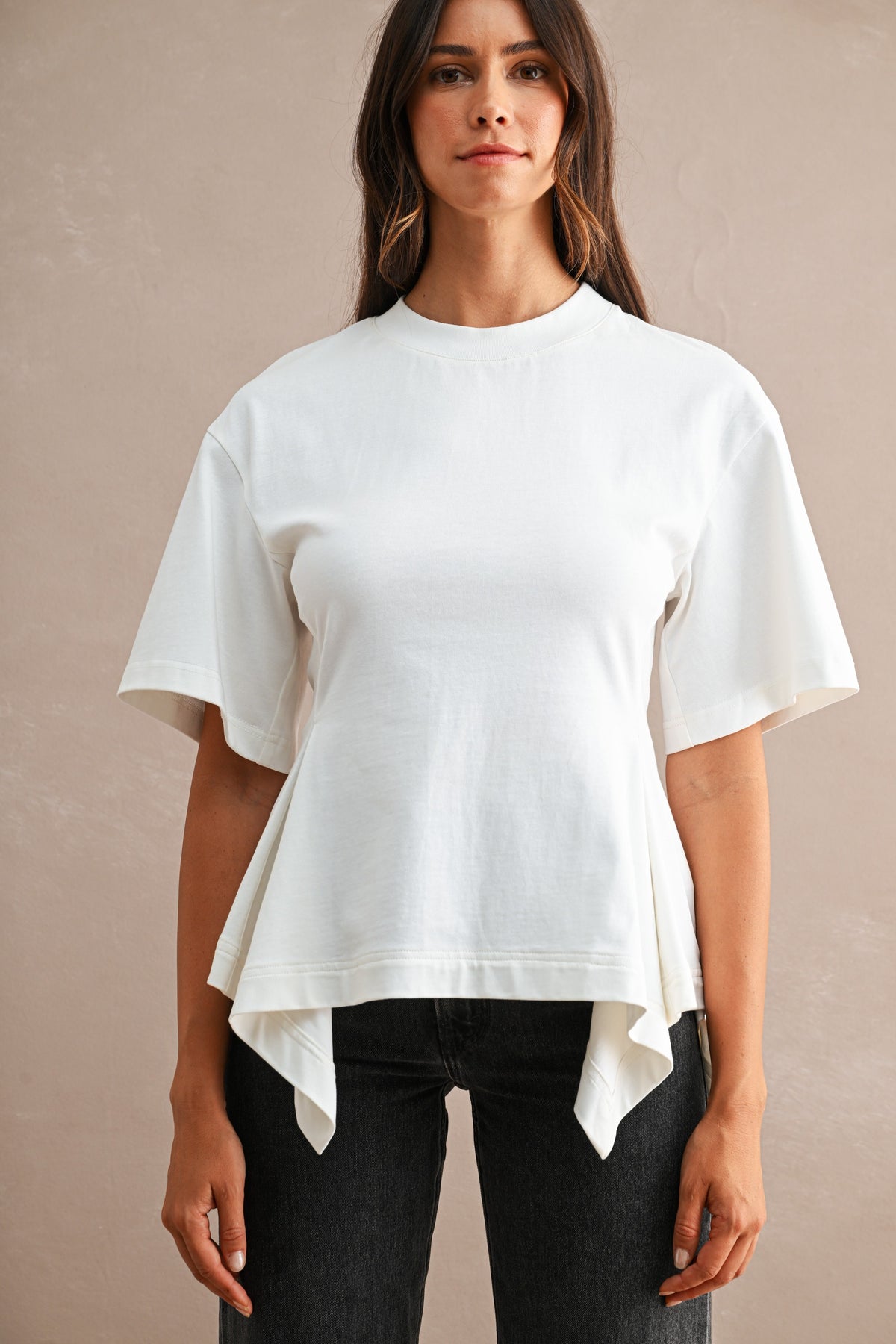Aurora Cotton Short Sleeve Crew Neck Fitted Waist Peplum Top