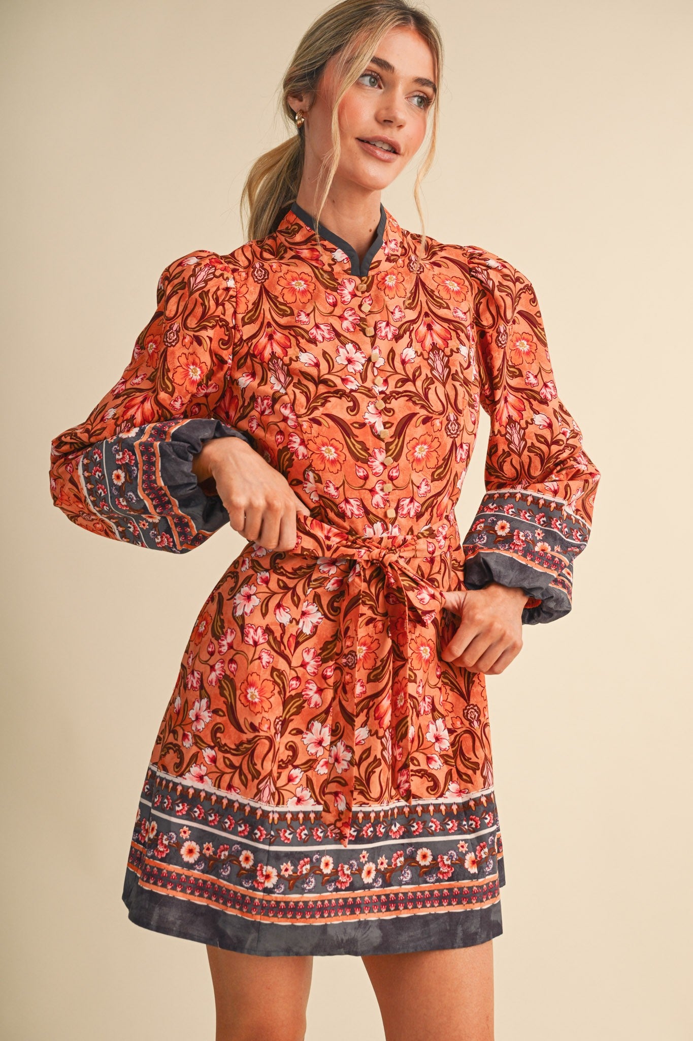 Claire Floral Border Print Belted Mini Dress