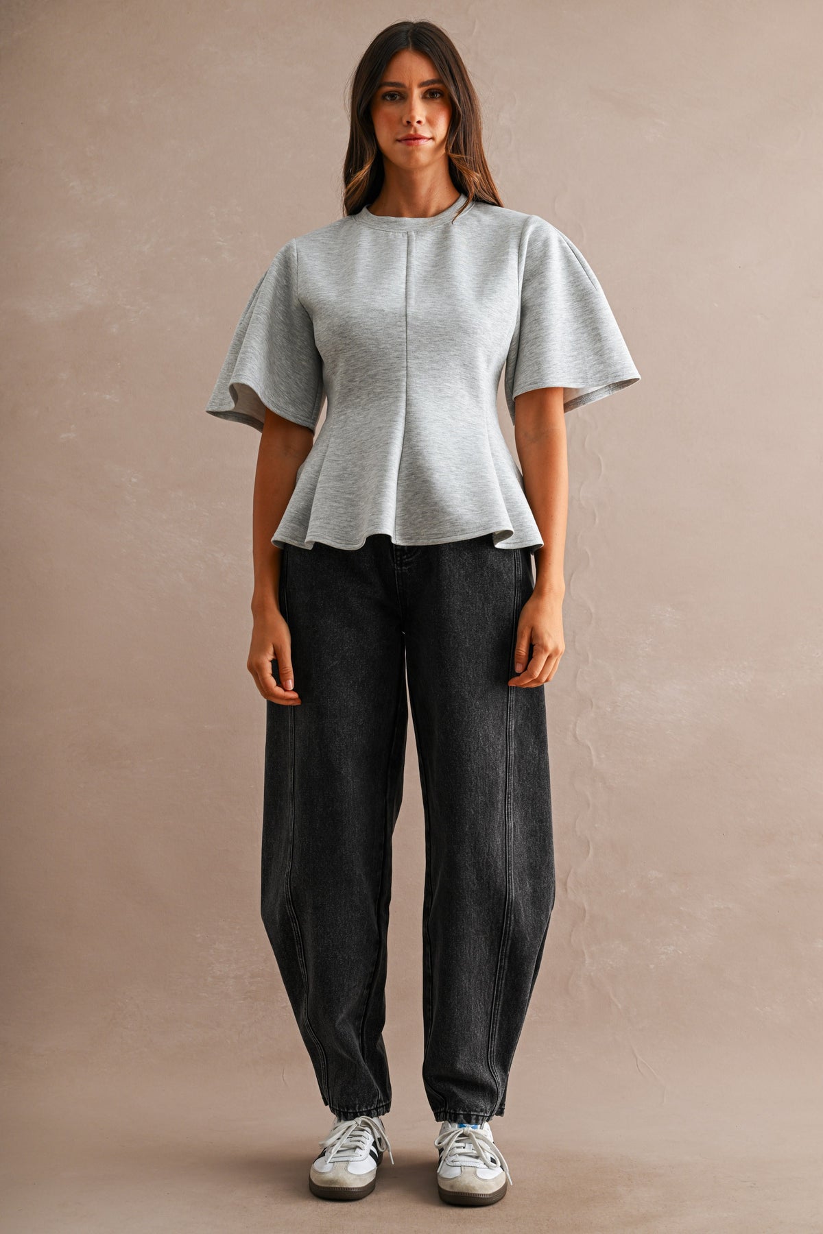 Amir Scuba Round Neck Short Sleeve Flared Peplum Hem Top