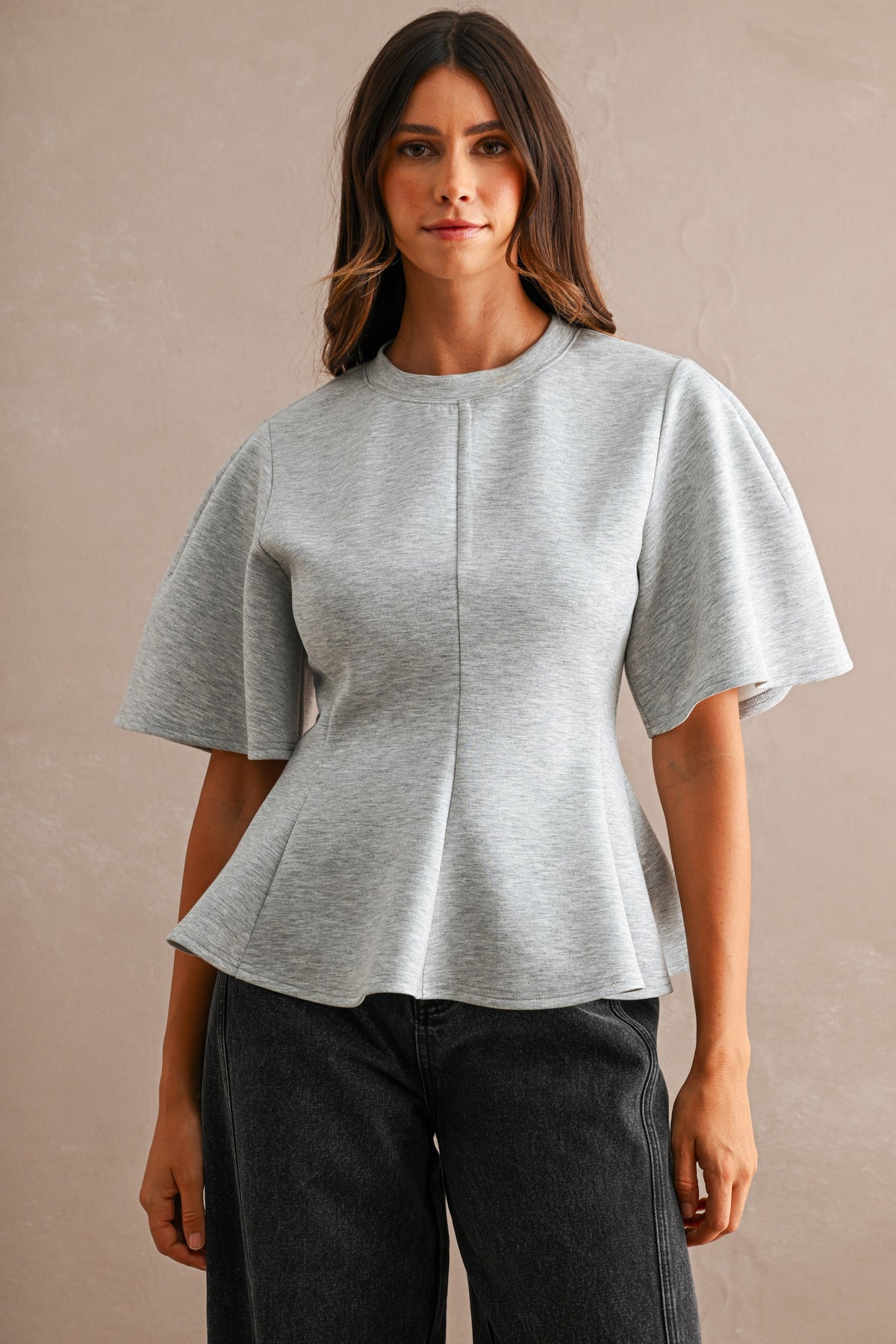 Amir Scuba Round Neck Short Sleeve Flared Peplum Hem Top