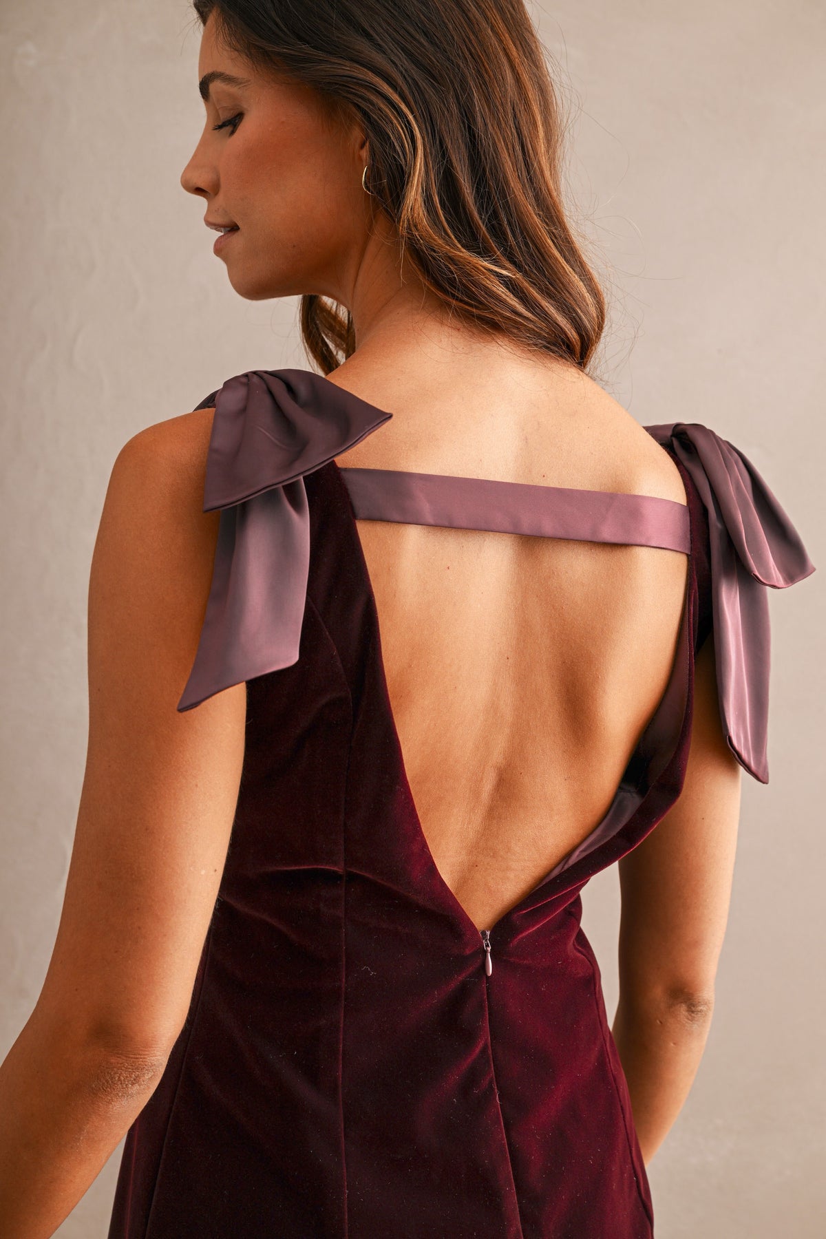 Mireille Velvet Deep V Neck Jewel Embellished Shoulder Bow Mini Dress