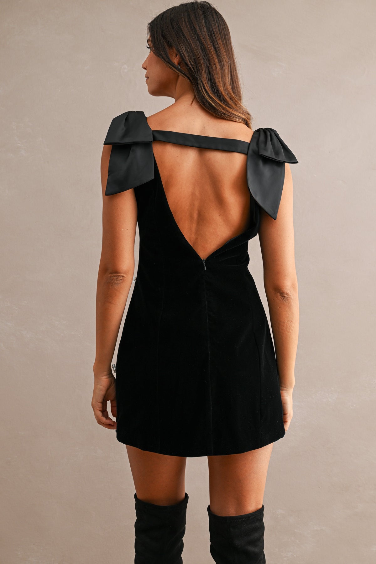 Mireille Velvet Deep V Neck Jewel Embellished Shoulder Bow Mini Dress
