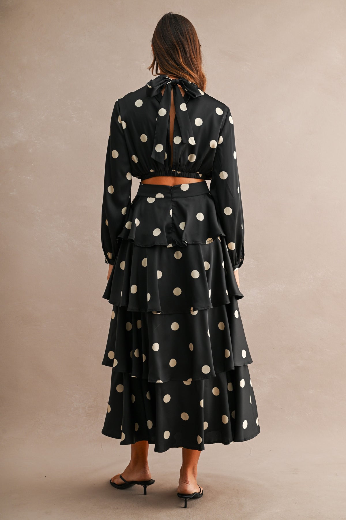 Ava Polka Dot Open Back Top And Tiered Skirt Set