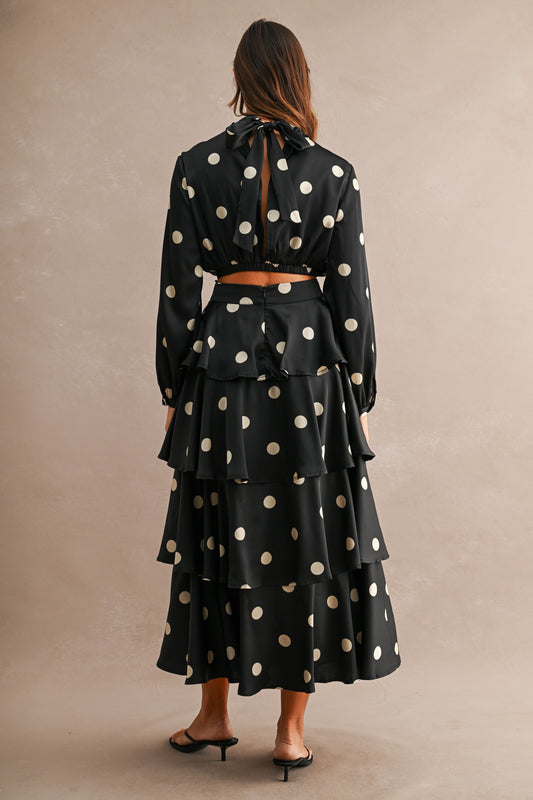 Ava Polka Dot Open Back Top And Tiered Skirt Set