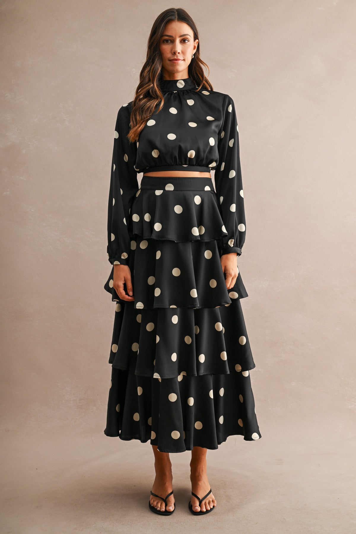 Ava Polka Dot Open Back Top And Tiered Skirt Set