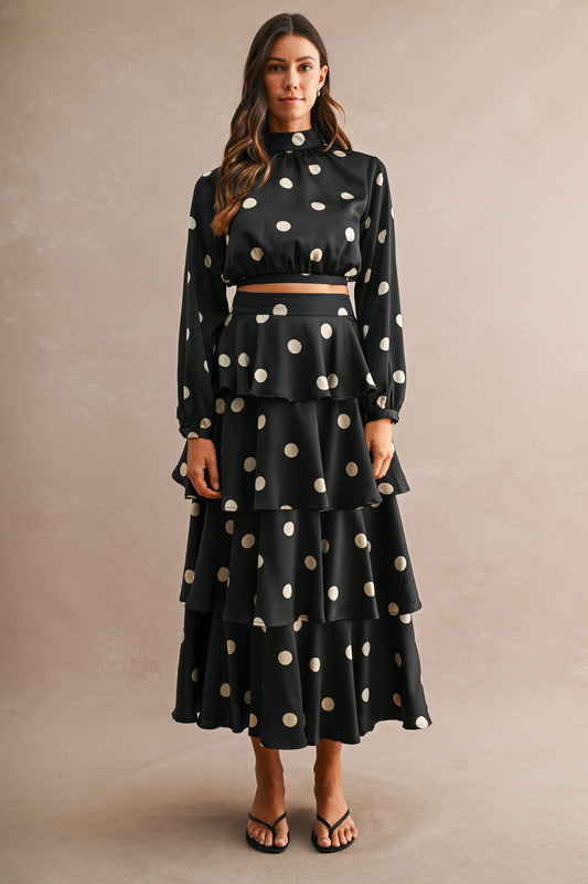 Ava Polka Dot Open Back Top And Tiered Skirt Set