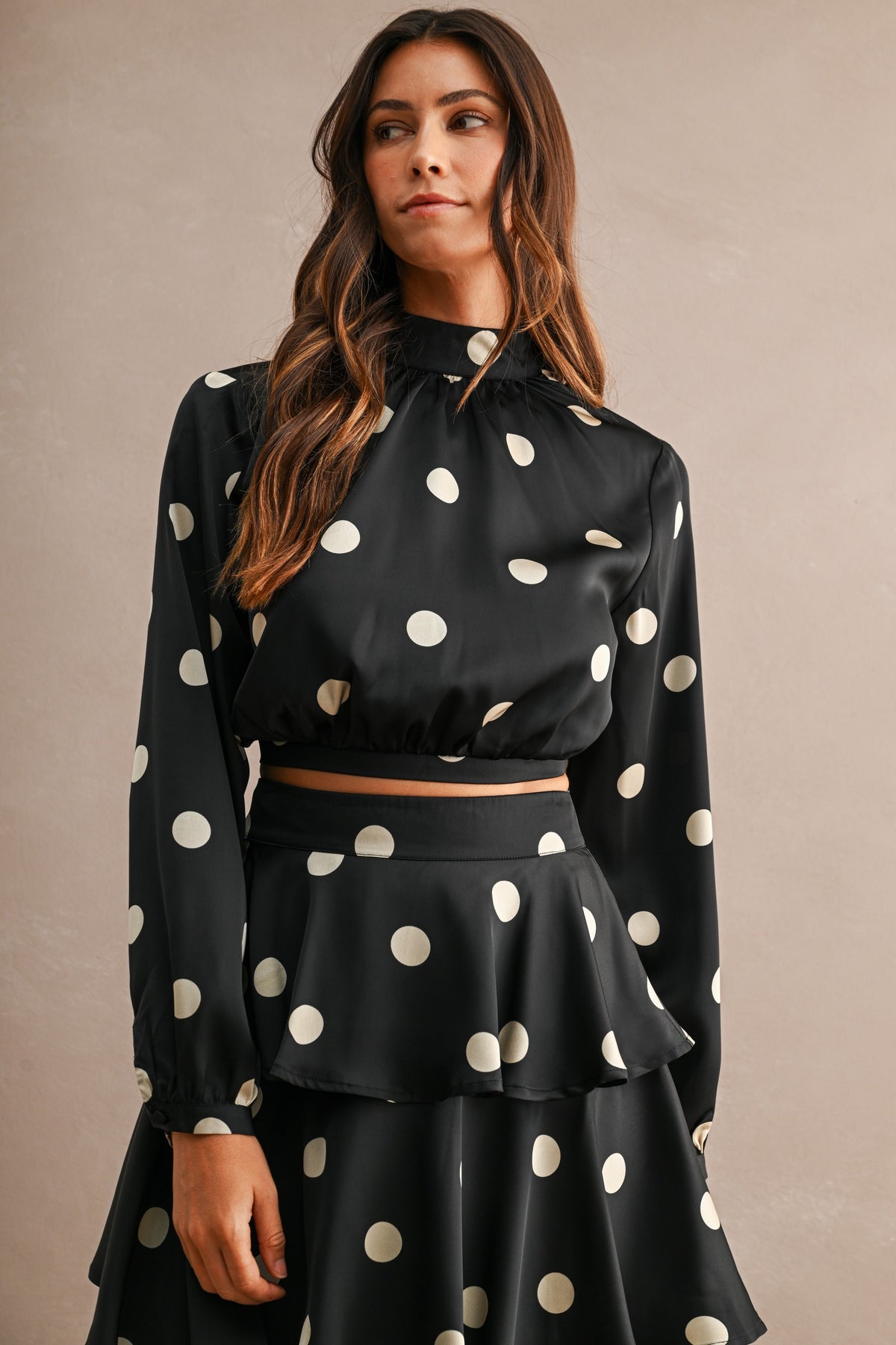 Ava Polka Dot Open Back Top And Tiered Skirt Set