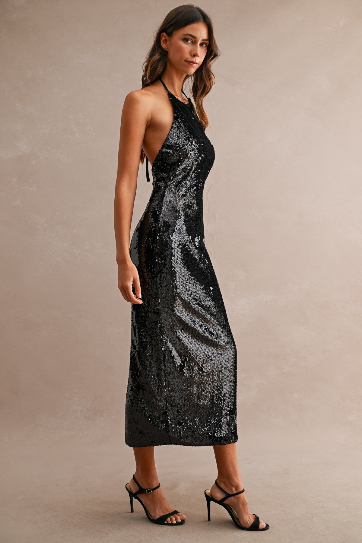 Celestine Sequin Halter Neck Self Tie Open Back Midi Dress