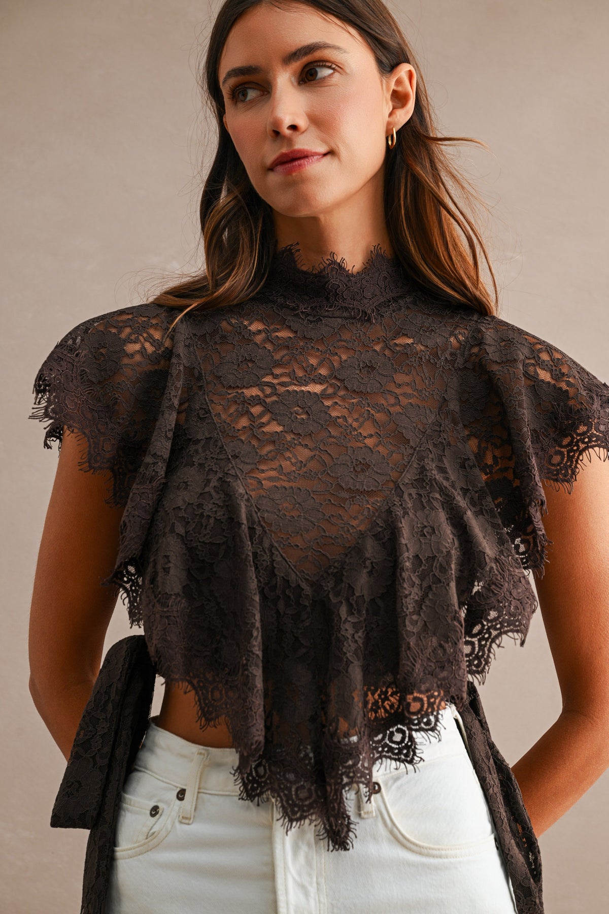 Zoya Sheer Floral Lace Mock Neck Layered Ruffles Cropped Blouse