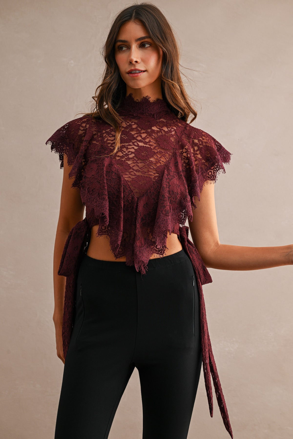 Zoya Sheer Floral Lace Mock Neck Layered Ruffles Cropped Blouse