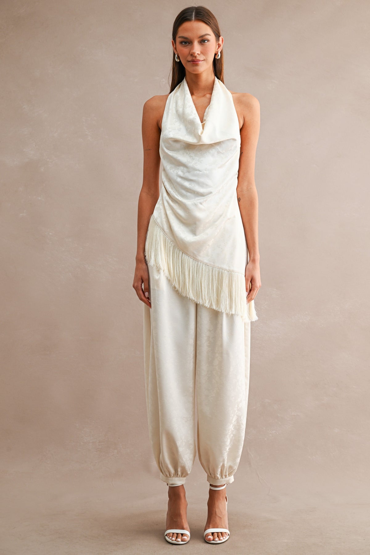 Amelia Jacquard Satin Asymmetric Fringe Trim Top And Jogger Pants