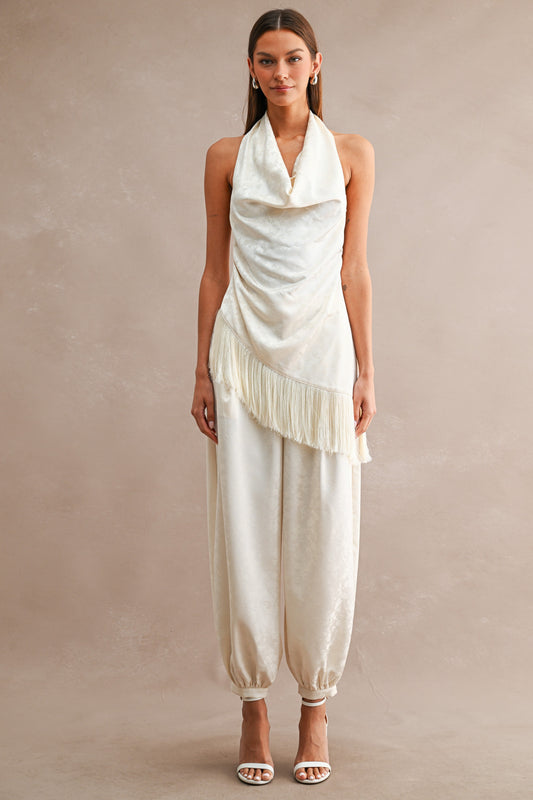 Amelia Jacquard Satin Asymmetric Fringe Trim Top And Jogger Pants