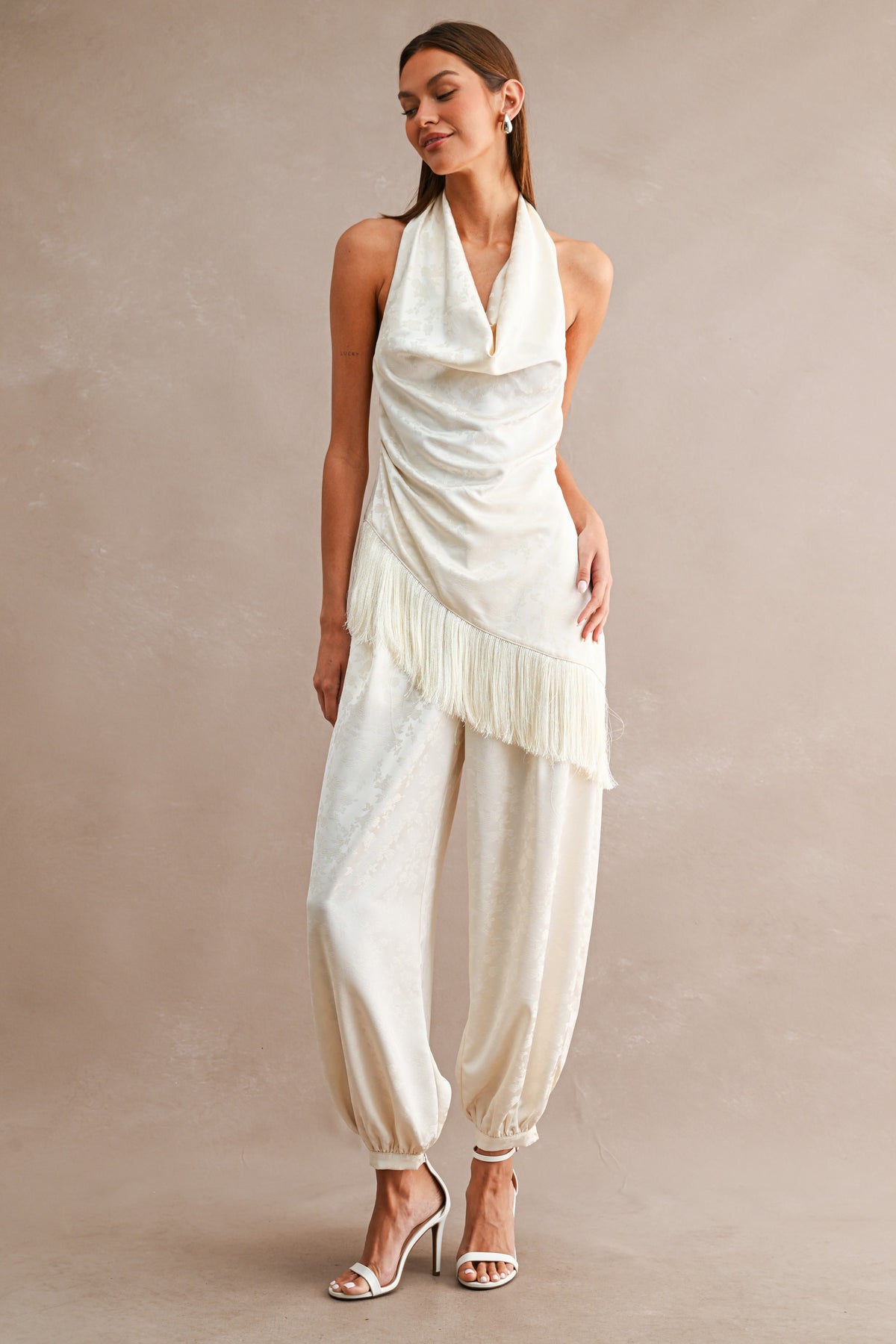 Amelia Jacquard Satin Asymmetric Fringe Trim Top And Jogger Pants