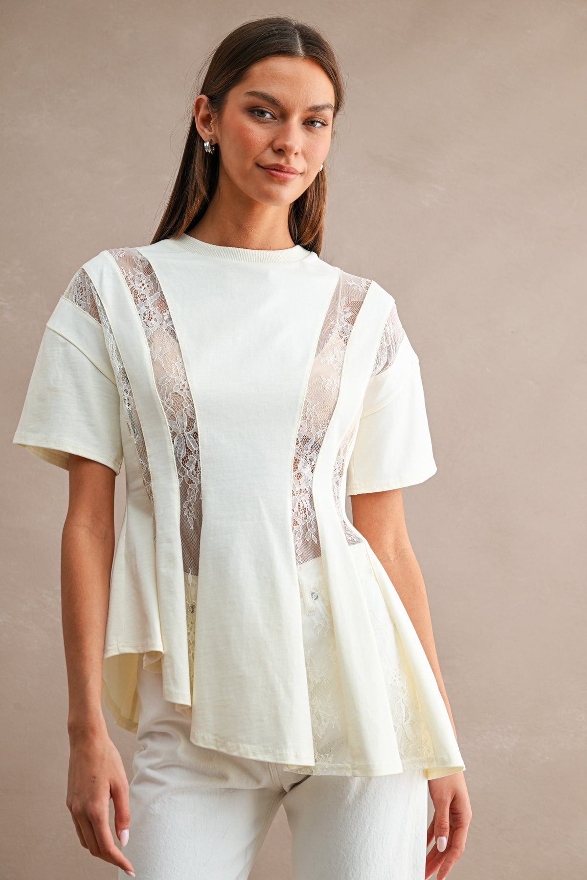 Aspen Cotton Jersey Lace Insert Peplum Top