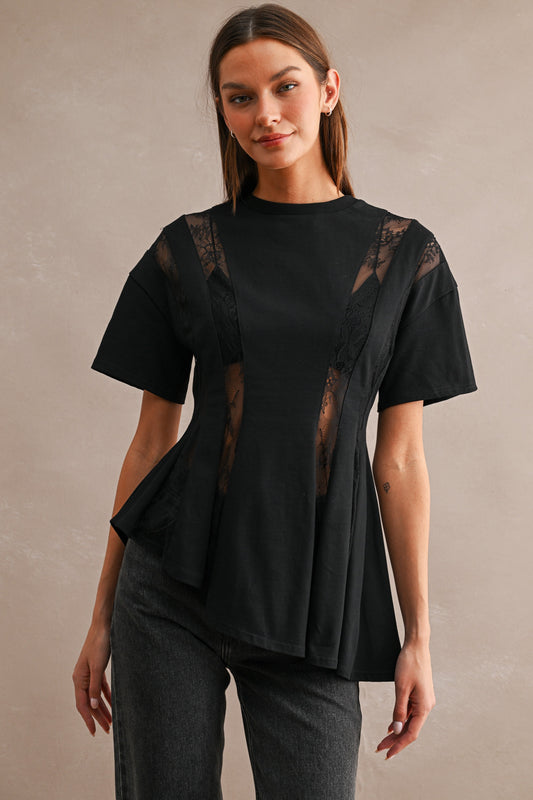 Aspen Cotton Jersey Lace Insert Peplum Top