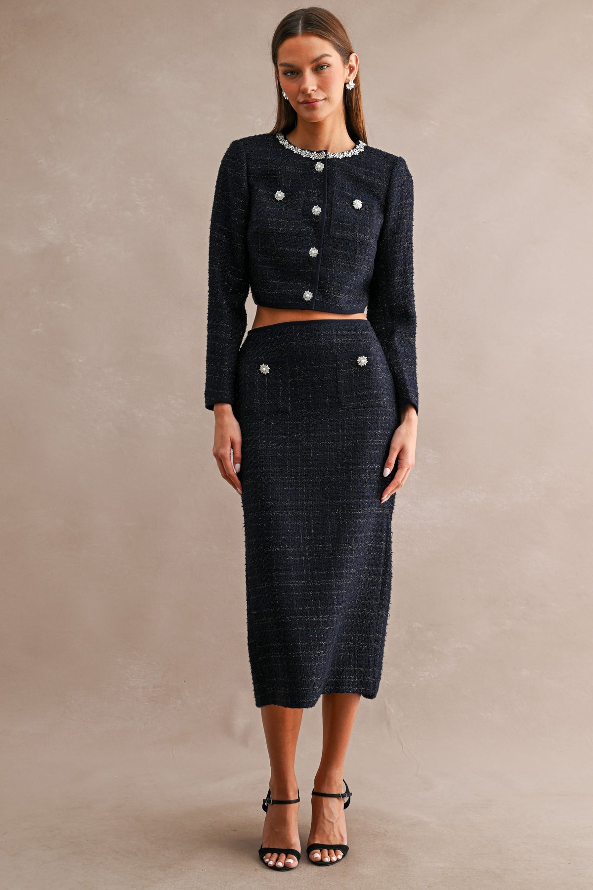Iris Boucle Tweed Embellished Cropped Jacket And Midi Skirt Set