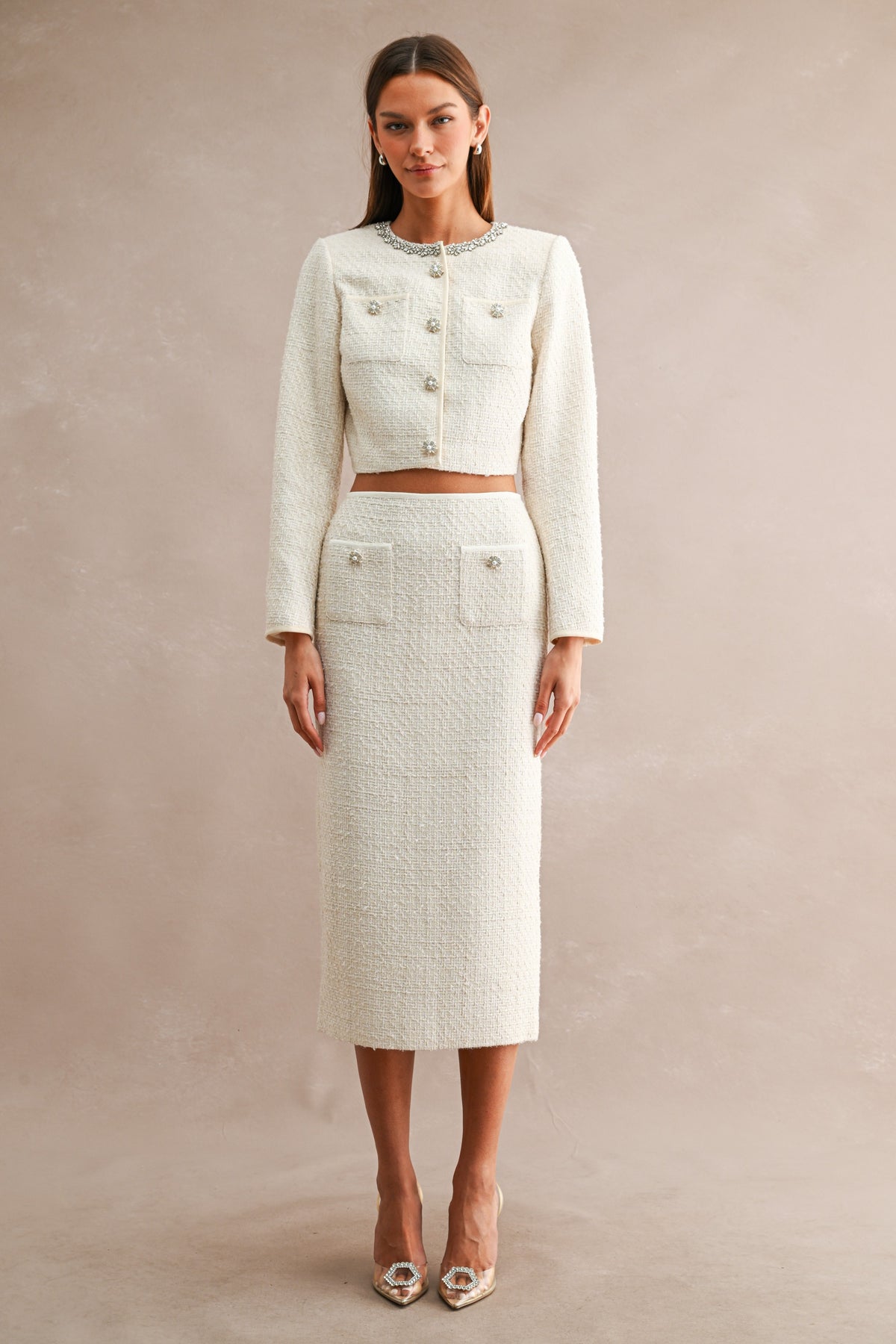 Iris Boucle Tweed Embellished Cropped Jacket And Midi Skirt Set