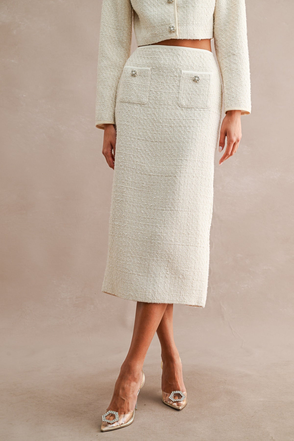 Iris Boucle Tweed Embellished Cropped Jacket And Midi Skirt Set